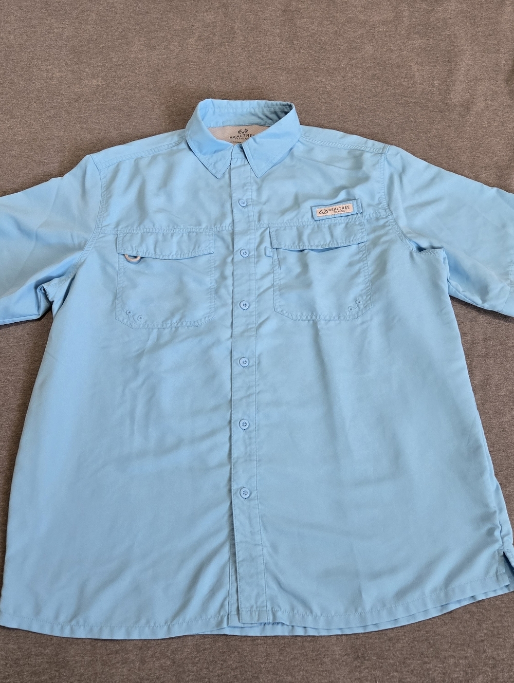 Realtree Men's Fishing Shirt Short Sleeve Button Up Blue Size Large Vented Camp